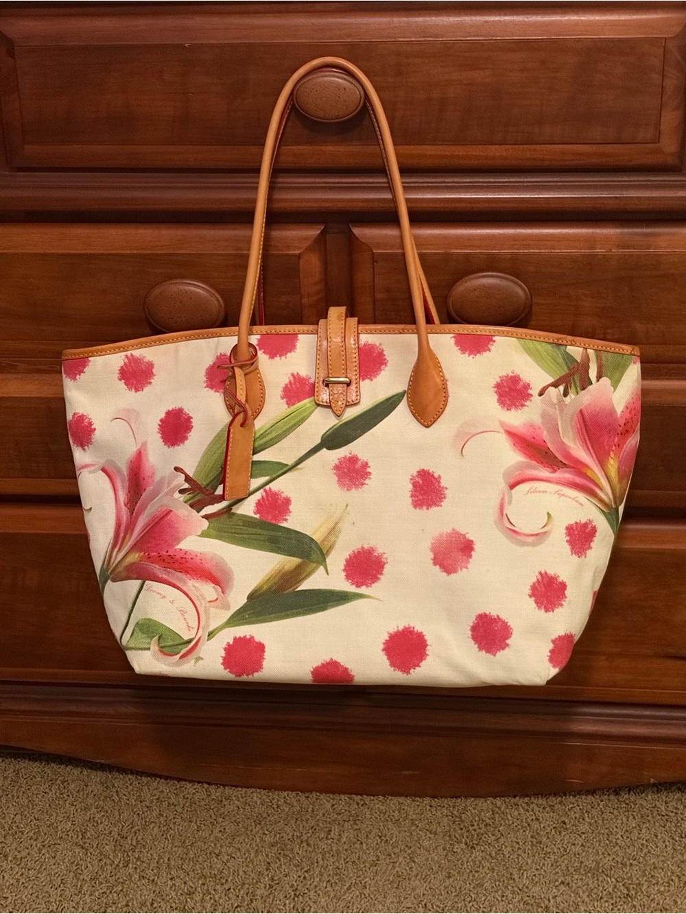Dooney & Bourke Cream Canvas Tote with Pink Floral & Tan Leather